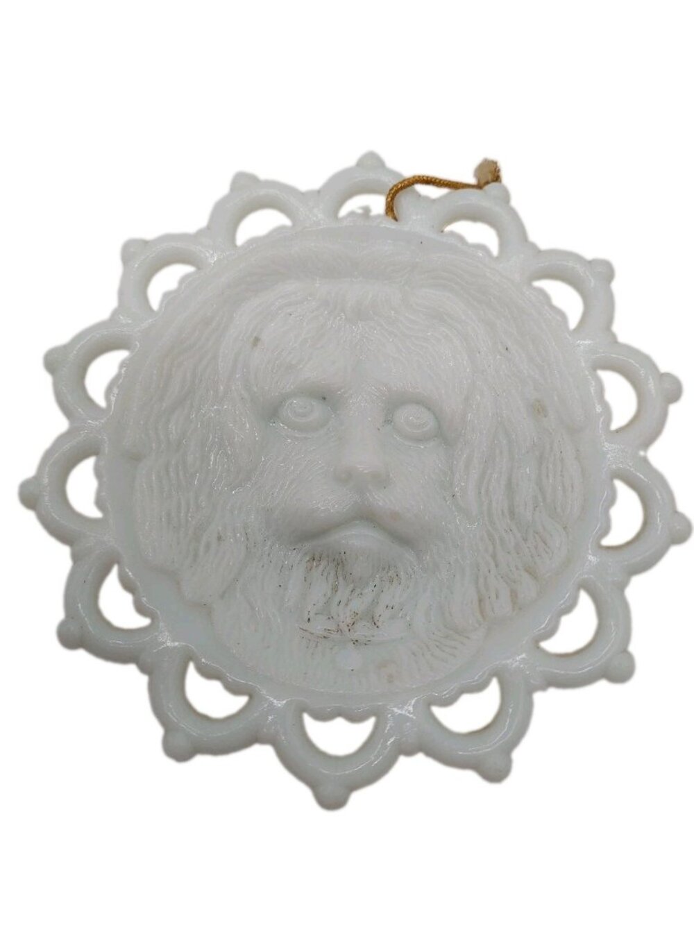 Milk Glass Plate Dog Face Round Lace Rim 6" READ